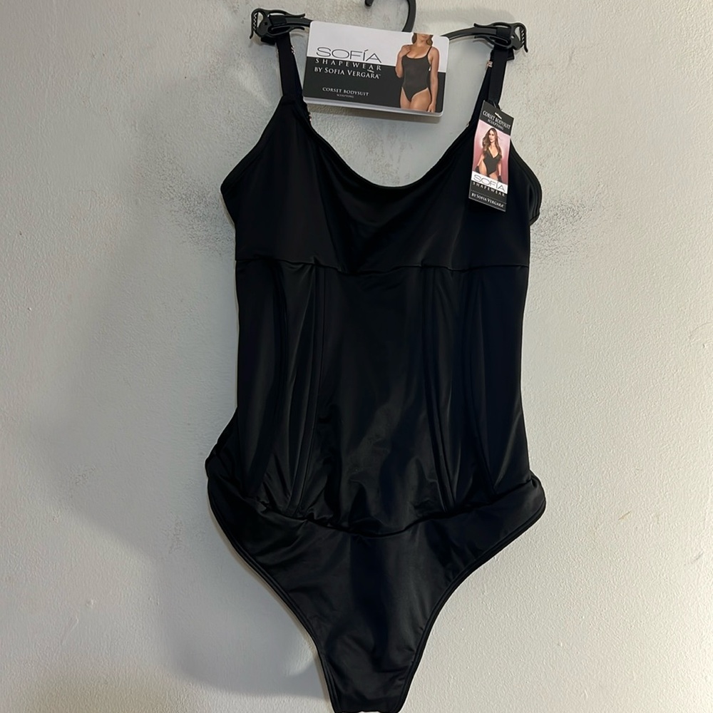 NEW Sofia Shapewear Satin Sculpting Corset Thong Bodysuit Black Various Sizes